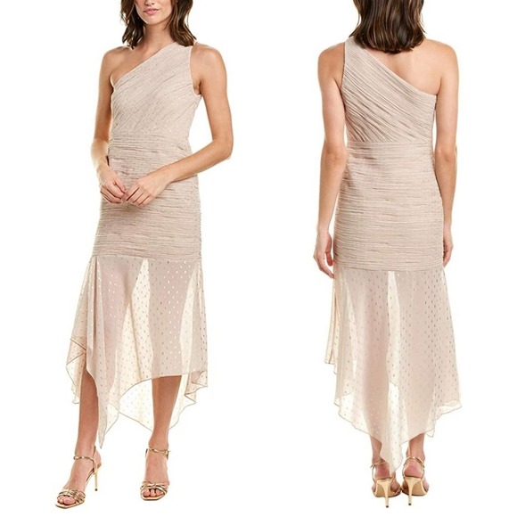 Halston Heritage One Shoulder Metallic Champagne Gold Trumpet Dress Size 8 - Picture 2 of 15